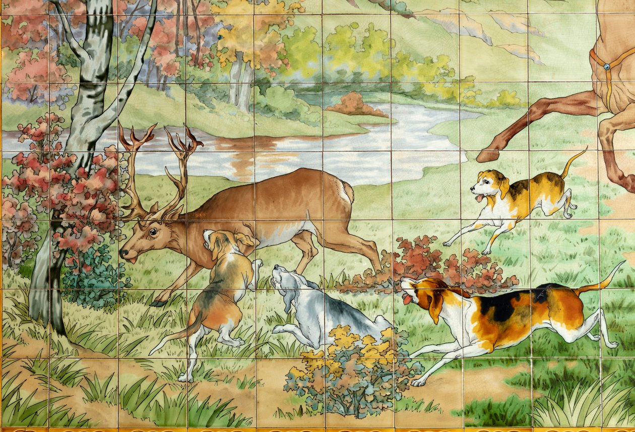Interiörvy, kakelpanel, målare Furcy Ernest Tondeur, exekutör Boch Frères La Louvière, första panel, jaktscen med tre ryttare, detalj av . .
