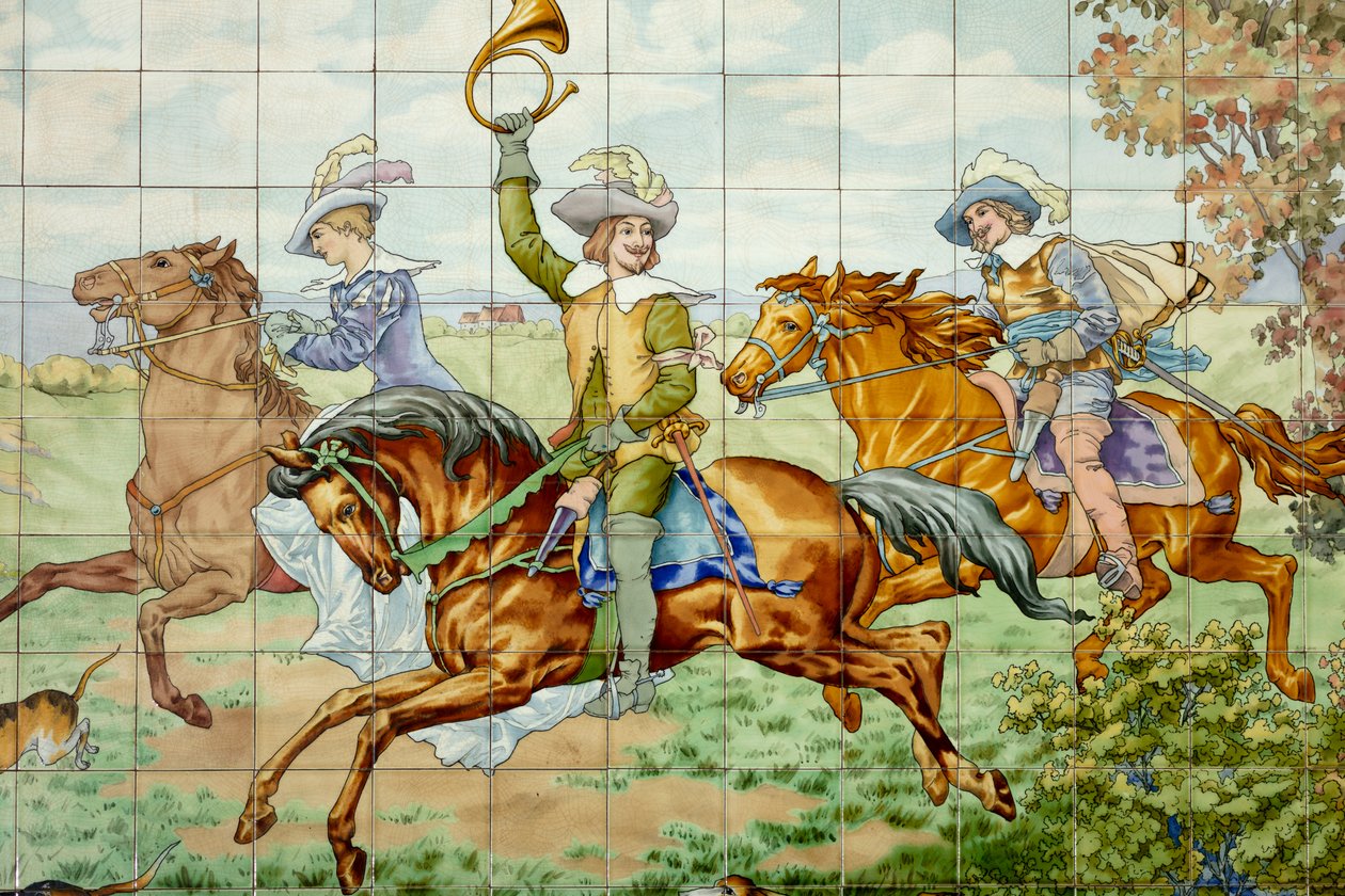 Interiörvy, kakelpanel, målare Furcy Ernest Tondeur, exekutör Boch Frères La Louvière, första panel, jaktscen med tre ryttare, detalj av . .