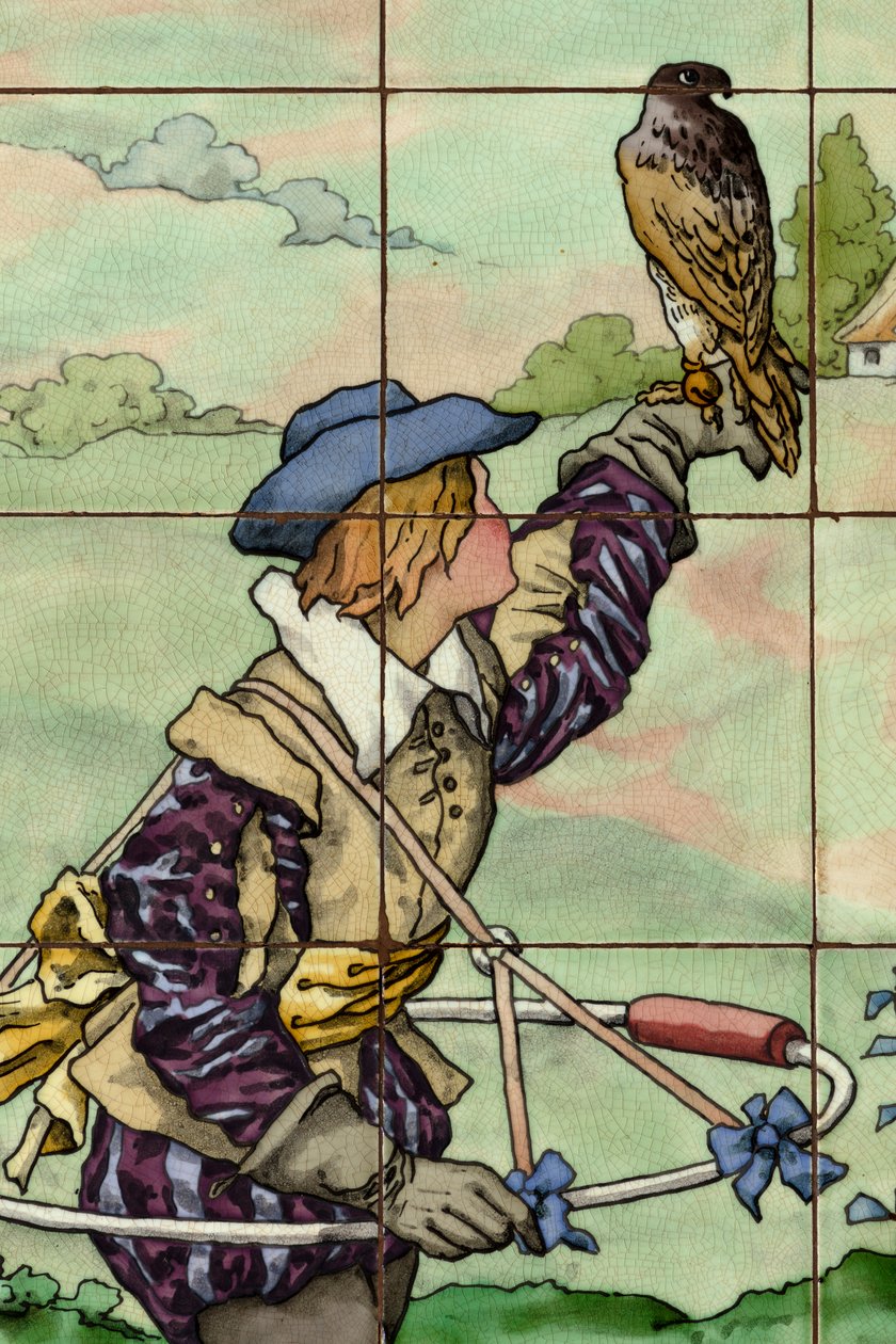 Interiörvy, kakelpanel, målare Furcy Ernest Tondeur, exekutör Boch Frères La Louvière, andra panel, detalj av . .