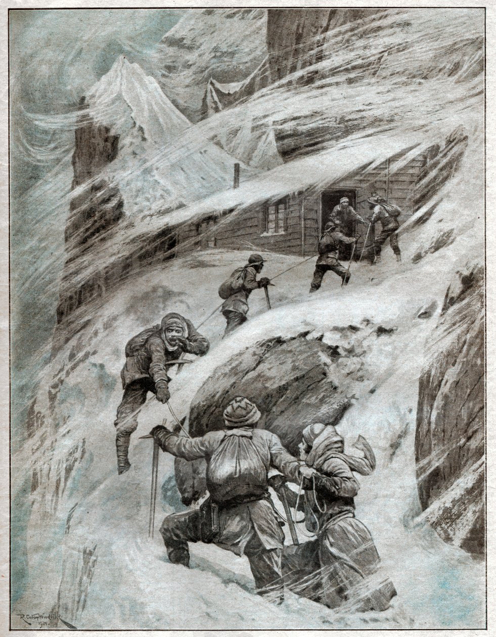Italienska turister fastnade i stormen i de italienska alperna. 1925 (illustration) av . .