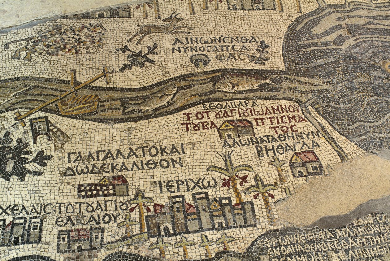 Jeriko och dess omgivningar, inklusive floden Jordan och Döda havet, detalj av det heliga landets karta, golvmosaik, ca 560 e.Kr., absid i basilikan Saint George, Madaba, Jordanien, bysantinsk civilisation, 600-talet e.Kr. av School Lebanese