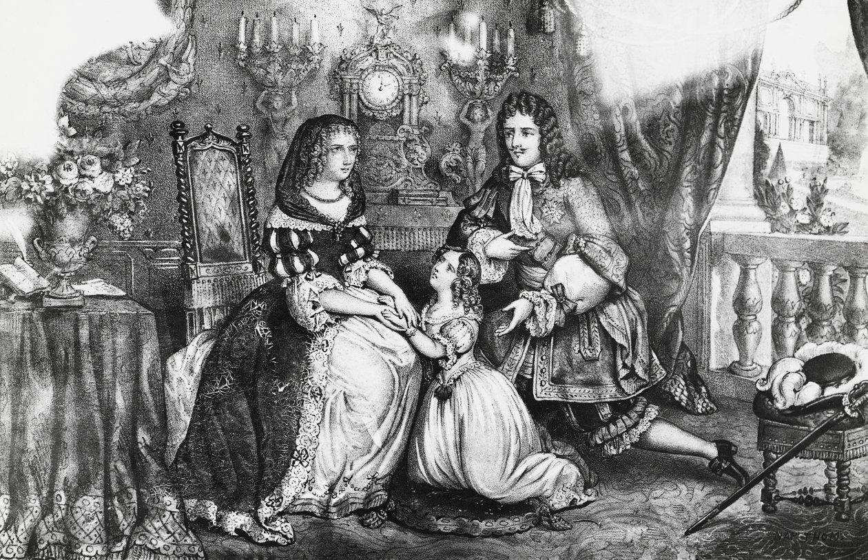 Kung Ludvig XIV och hans dotter ber hertiginnan Louise de La Valliere att inte dra sig tillbaka till klostret av Georg Carl Heinrich Dollmann