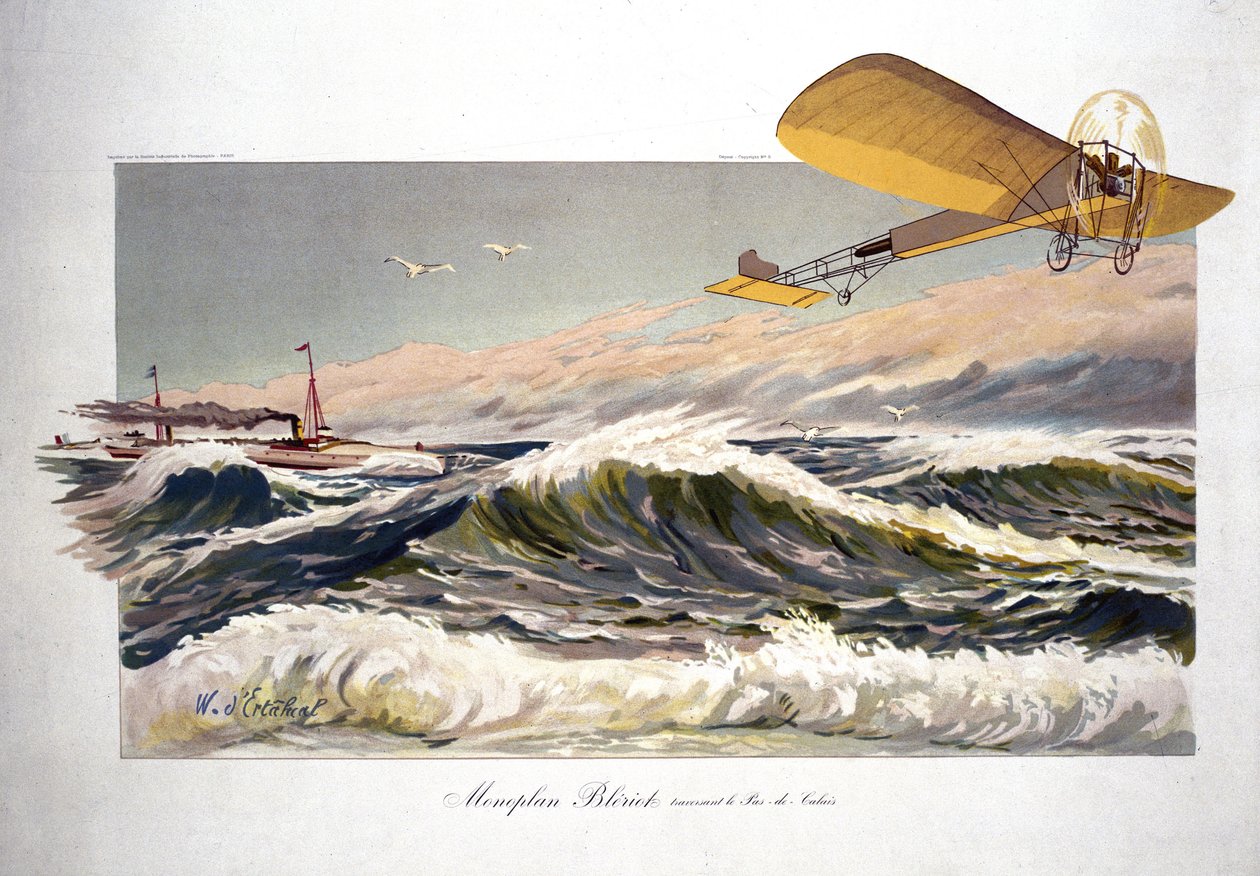 Louis Bleriot (1872-1936), fransk flygare, korsade kanalen den 25 juli 1909, ombord på sitt monoplan "Bleriot XI" av Ferdinand Georg Waldmuller