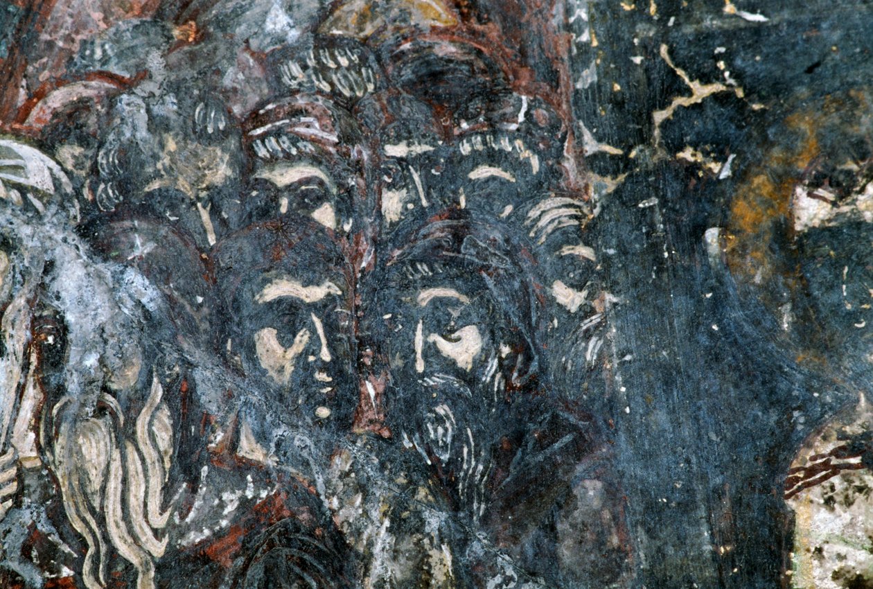 Mansfigurer, skadad fresk på taket av kyrkan Agios Vasileios, Vavouledo, Kreta, Grekland (foto) av Georg Carl Heinrich Dollmann
