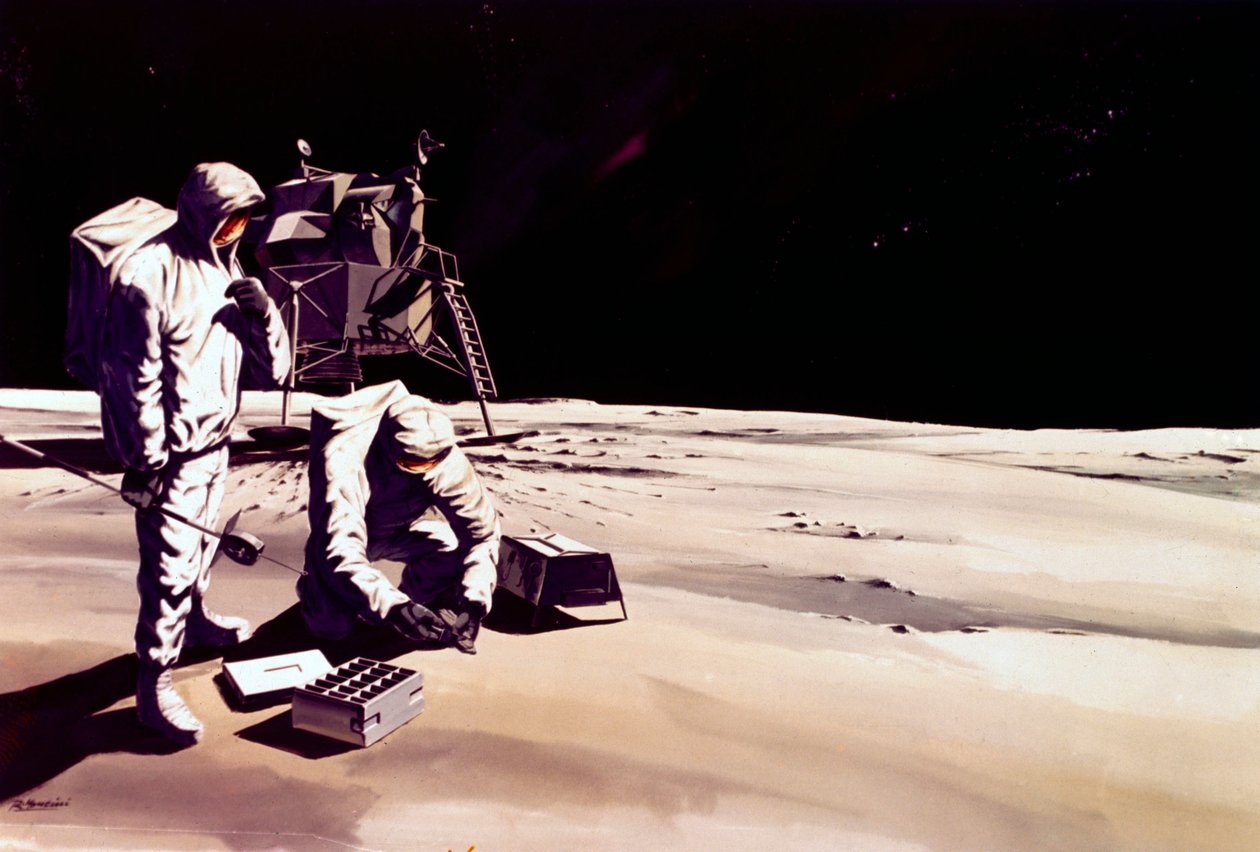 Manned Space Flight, USA, Apollo, General Artists intryck av astronauter som arbetar på månen av Ferdinand Georg Waldmuller