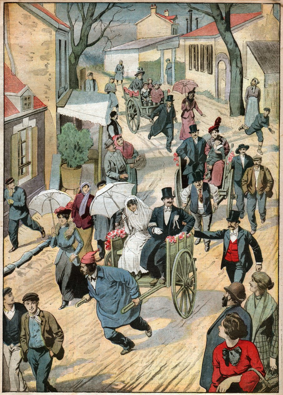Handkärra bröllop. Bröllopståg på handkärra. av Ferdinand Georg Waldmuller