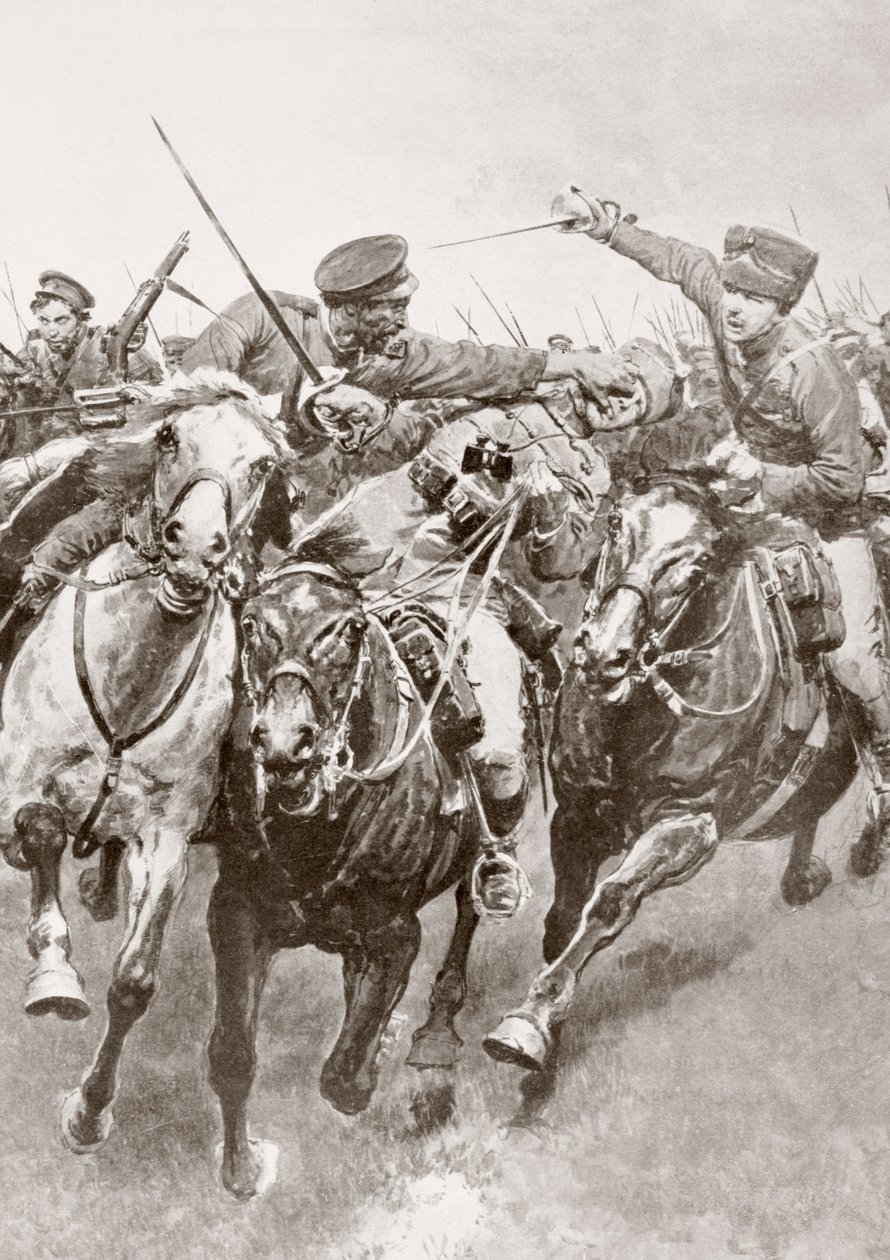 Beridna strider mellan ryska kosacker och tyskt kavalleri känd som dödens husarer en Schwansfeld, mellan Korschen och Bartenstein, Östra Preussen, augusti 1914 under första världskriget, från La Esfera av Ferdinand Georg Waldmuller