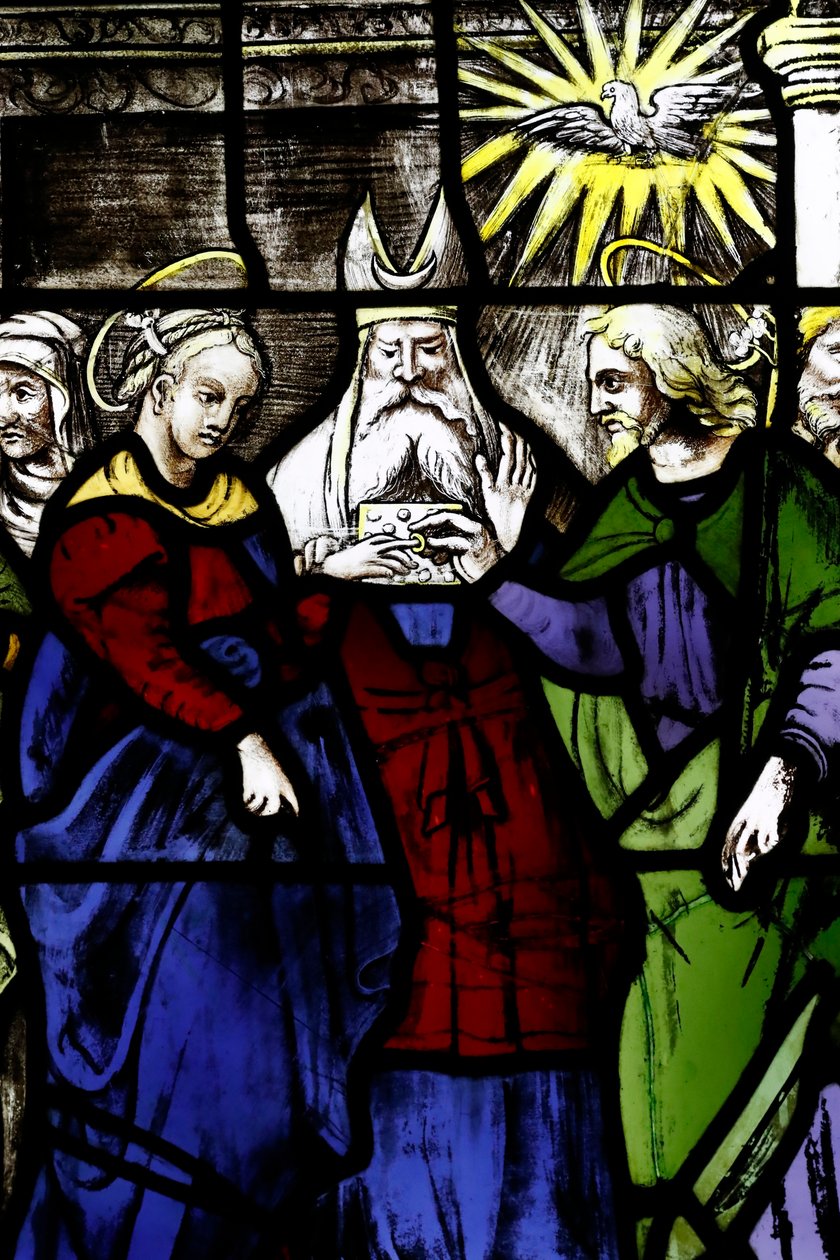 Museet för katedralen i Milano. Fönster i målat glas. Jungfruns äktenskap med Josef. 1500-talet. Italien. av . .