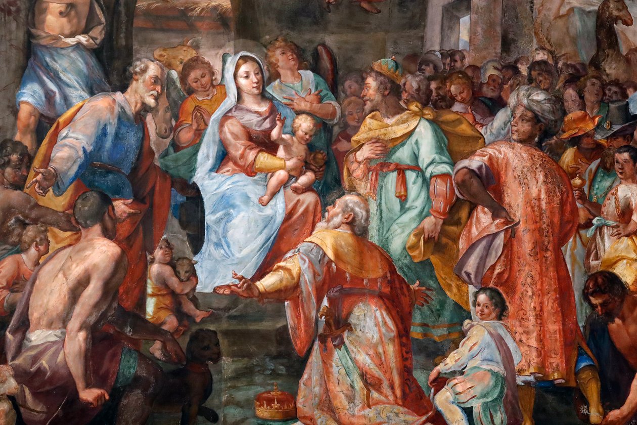 Julkrubba. Fresk. San Donato kyrka. Genua. Italien. av . .