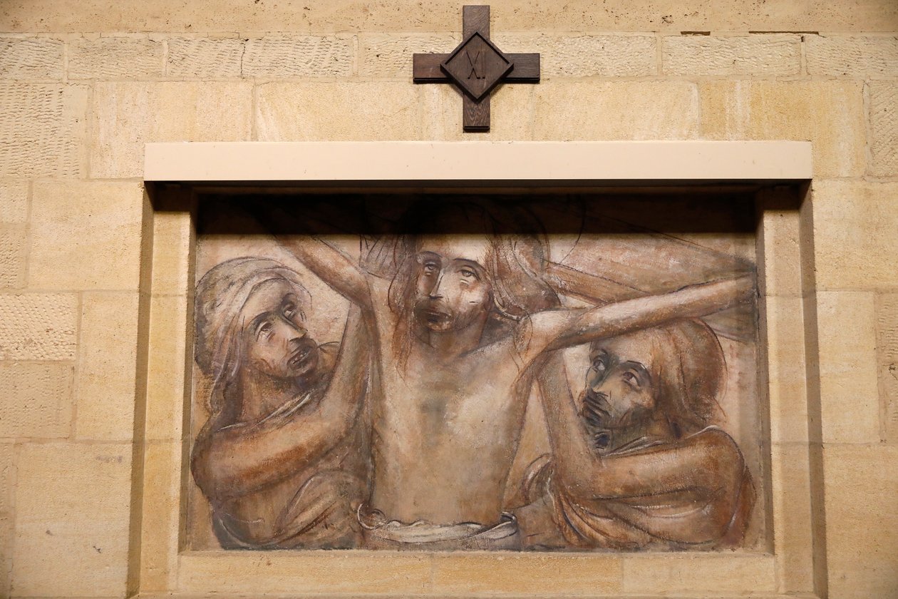 Orval trappistkloster, Belgien. Kyrka. Korsets väg. 11:e stationen av . .