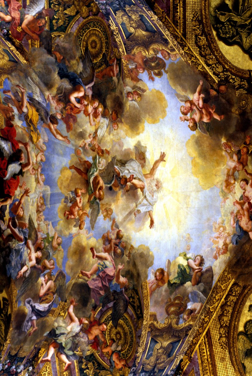 Målning av det kungliga kapellets valv, gjord av Antoine Coypel (1661-1722). Den har titeln "Den evige fadern i sin härlighet som för med sig löftet om återlösning till världen". Det kungliga kapellet startade av Jules Hardouin Mansart (1646-1708) 1699 och av . .
