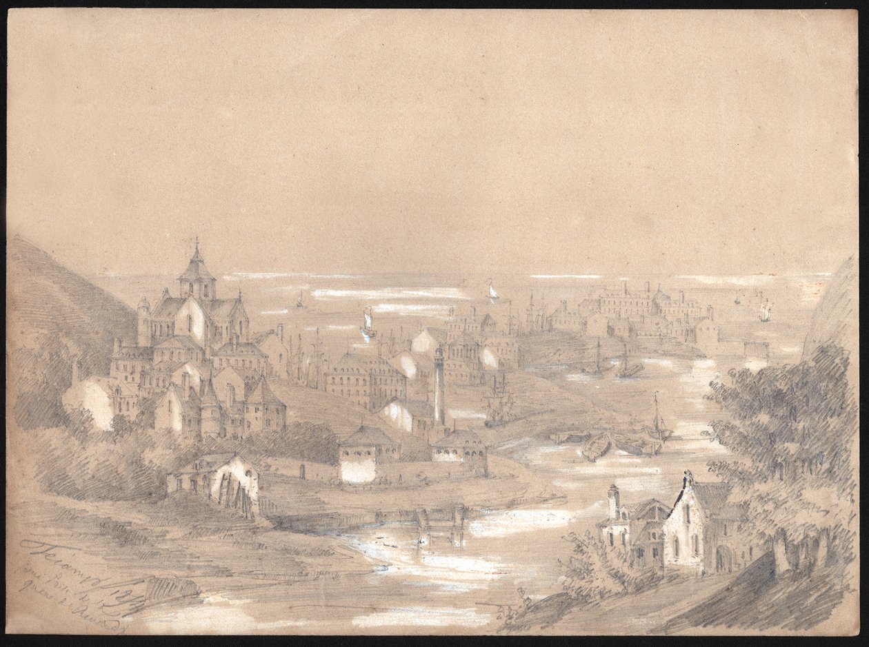 Panorama över staden Fecamp, Normandie. 1841 (ritning) av . .