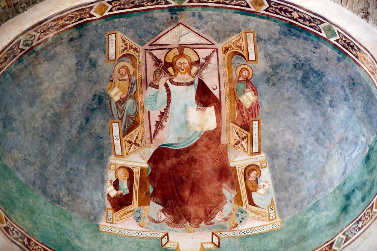Patriarkaliska basilikan i Aquileia. Jesus och de fyra evangelisterna. Fresk. Italien. av . .