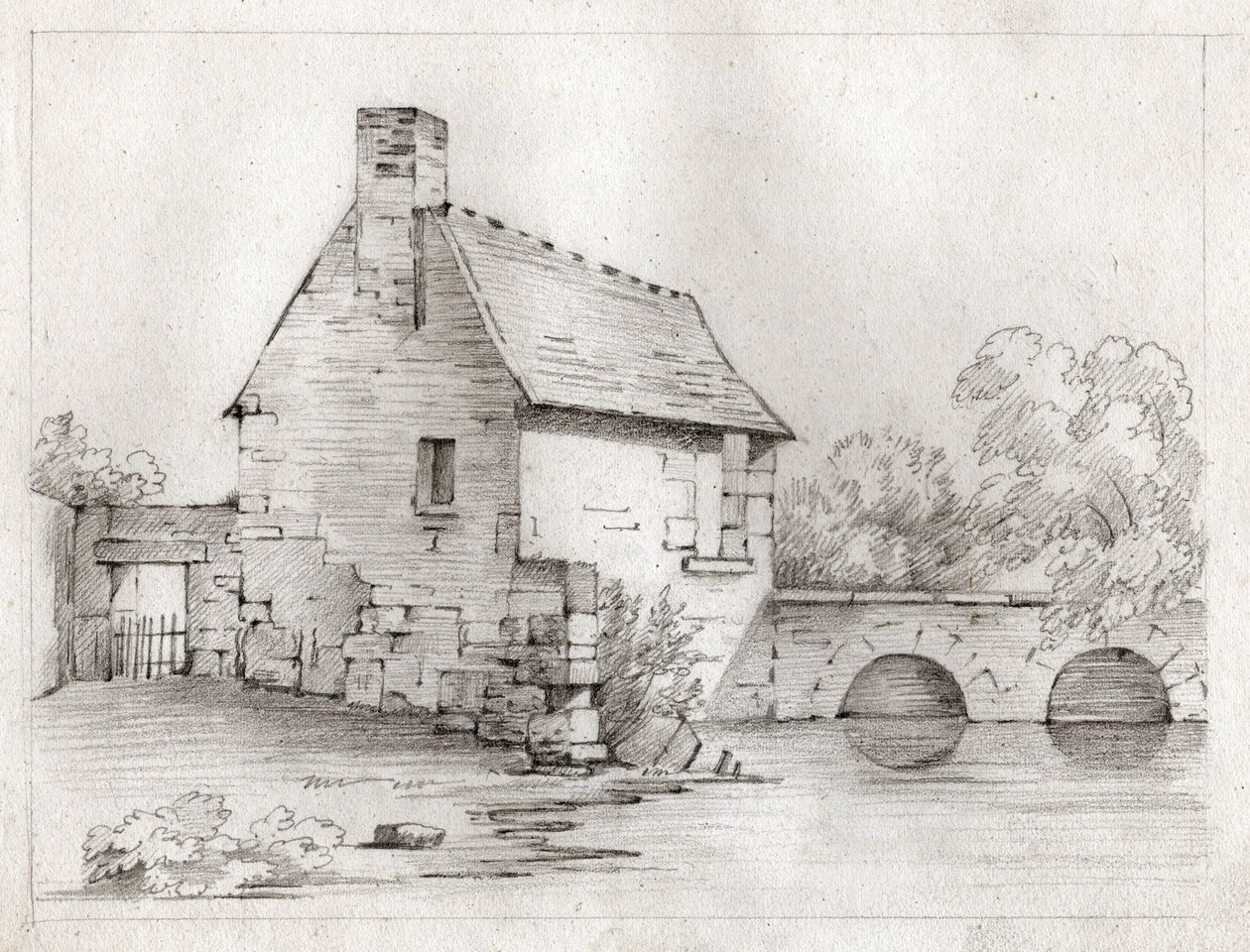 Bondehus vid kanten av en flod. cirka 1830 (illustration) av . .