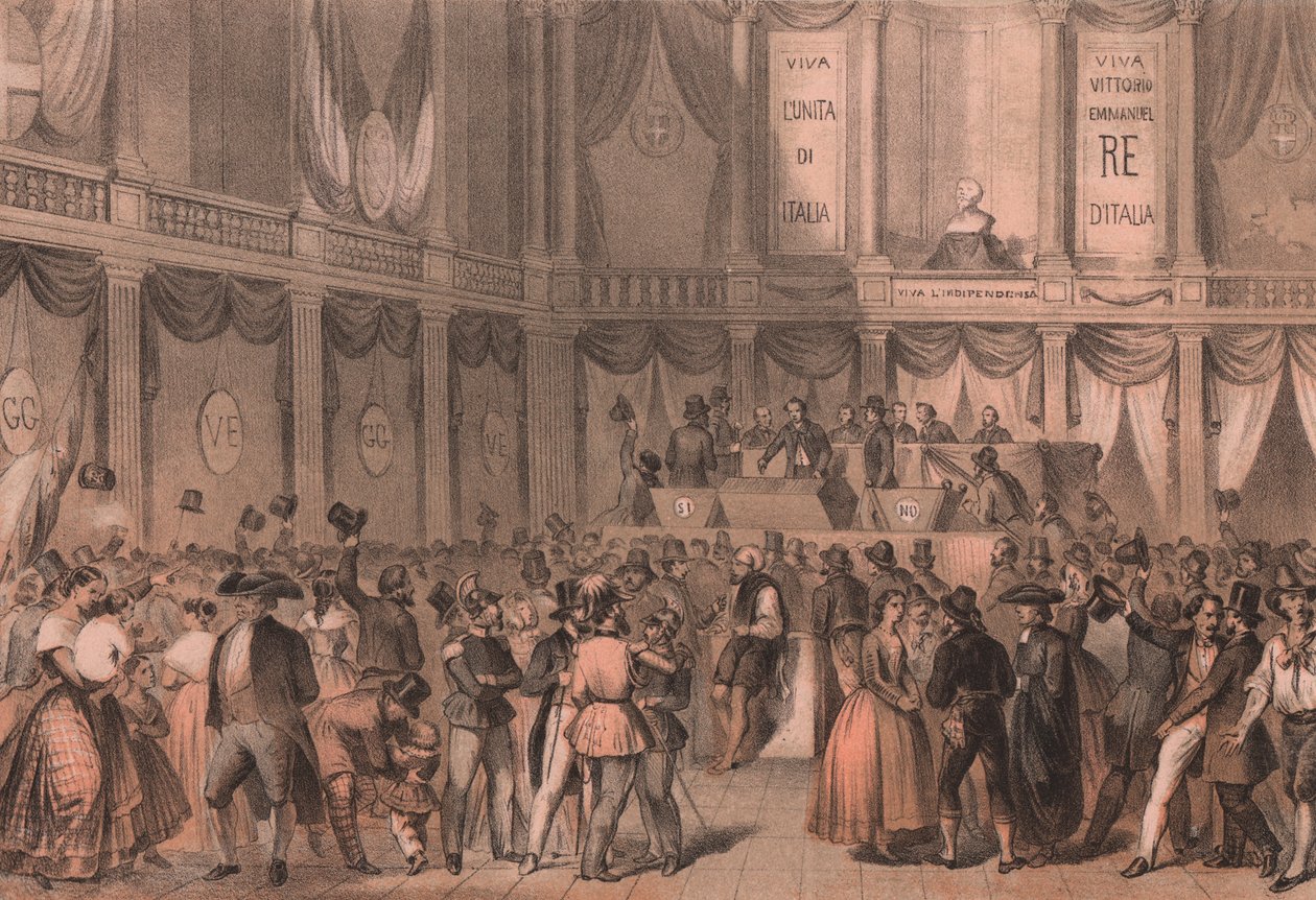 Folkomröstning för annektering till Italien, sal vid universitetet i Neapel, Kampanien, italienska Risorgimento, litografi av Carlo Perrin från teckning av Carlo Bossoli (1815-1884), 22x15 cm av William Walcutt