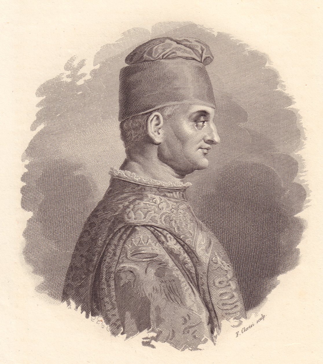 Porträtt av hertig av Milano, Filippo Maria Visconti (1392-1447), kopparstick av F Clerici från porträtt utgiven av Antonio Campo av William Walcutt