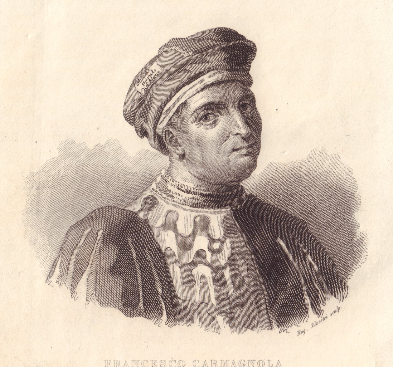 Porträtt av den italienske militärledaren Francesco da Bussone även känd som Carmagnola (1380-1432), kopparstick av E Silvestri från målning av William Walcutt