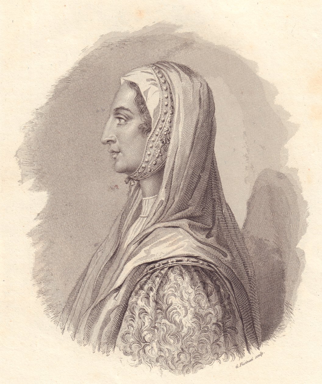 Porträtt av den italienska adelsdamen Beatrice Lascaris di Tenda (1372-1418), kopparstick av G Fusinati från porträtt utgiven av Antonio Campo av William Walcutt