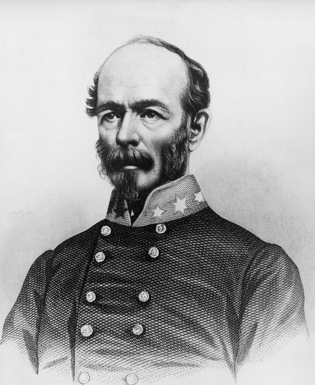 Porträtt av Joseph Eggleston Johnston (1807-1891), amerikansk arméofficer under det mexikansk-amerikanska kriget, Seminole-krigen och det amerikanska inbördeskriget, gravyr av William Walcutt