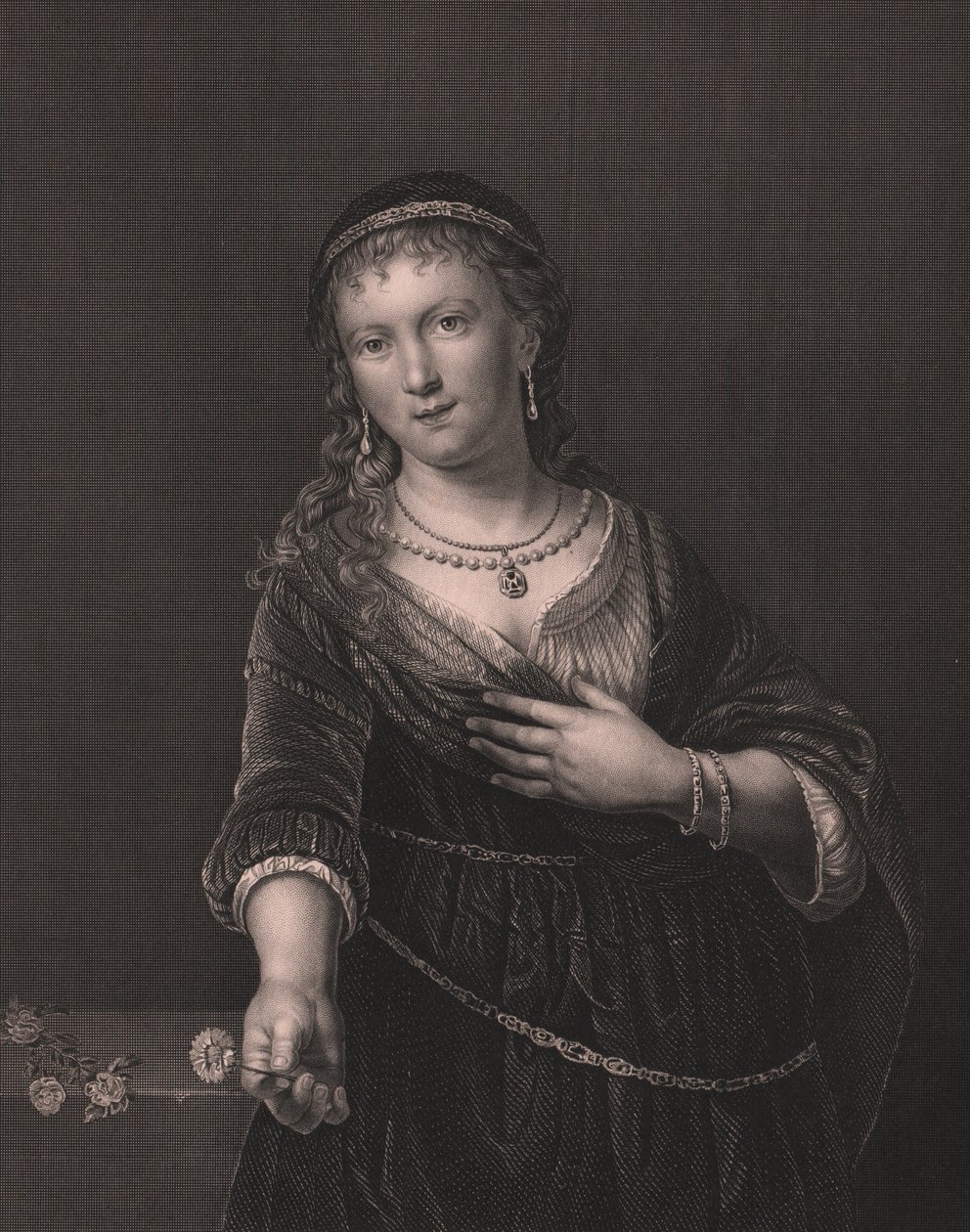 Porträtt av Saskia van Uylenburgh (1612-1642), Rembrandts hustru, gravyr av Daniel John Pound från målning av Rembrandt, från Paynes Royal Dresden Gallery, av Albert Henry Payne, H Payne Dresden och Leipzig Publisher, cirka 1840 av William Walcutt