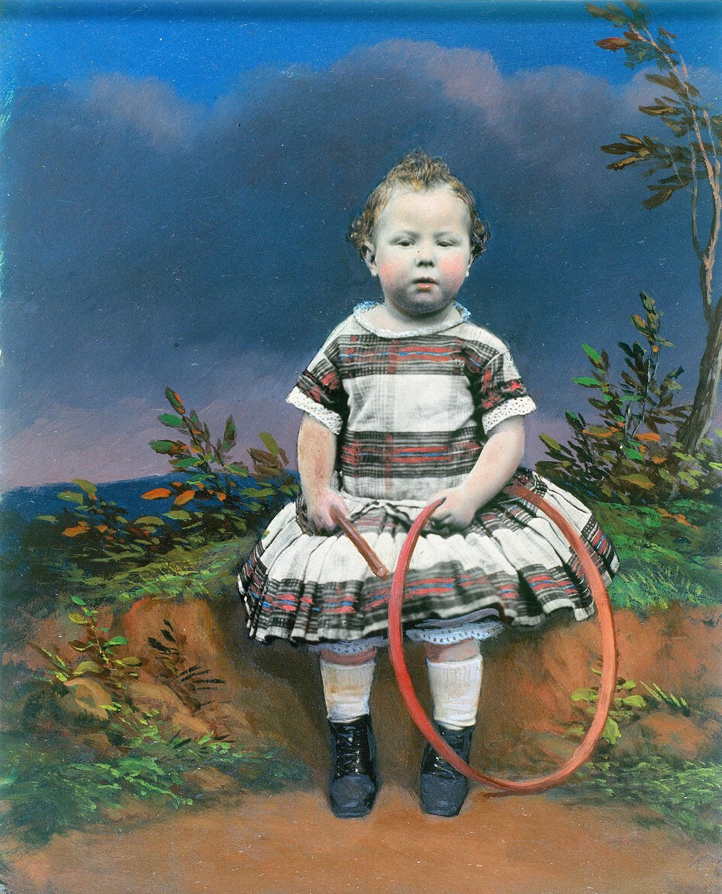 Porträtt av ett barn med en båge, handfärgad ambrotyp, c 1860 av Ferdinand Georg Waldmuller