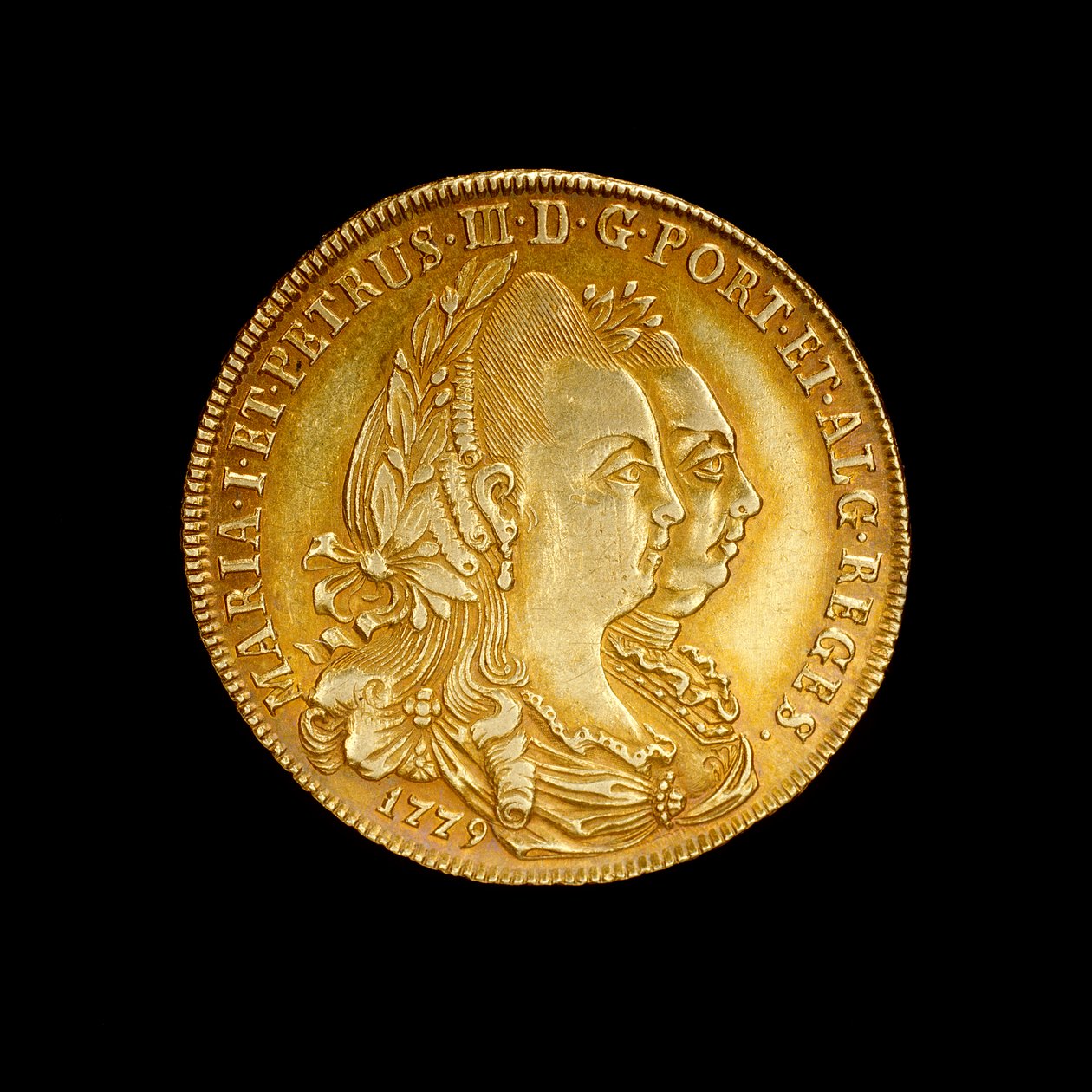 Portugisiskt mynt föreställande drottning Maria I och hennes kunggemål Pedro III av Hippolyte Lalaise Devéria