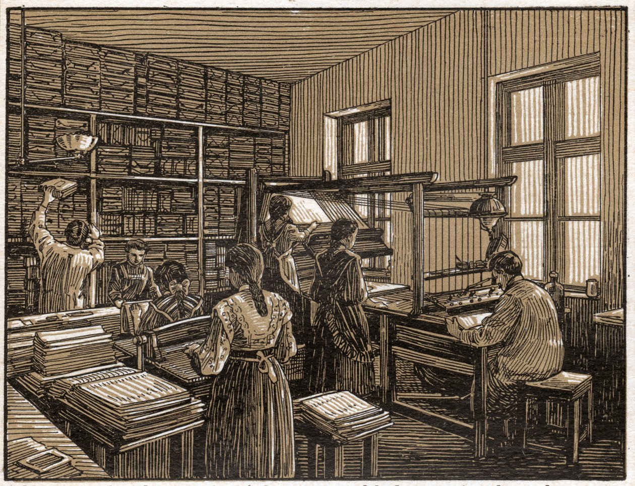 Tryckeri i Budapest, Ungern: fakonering och förberedelse av böcker. Kvinnors arbete. ca. 1910 (illustration) av . .