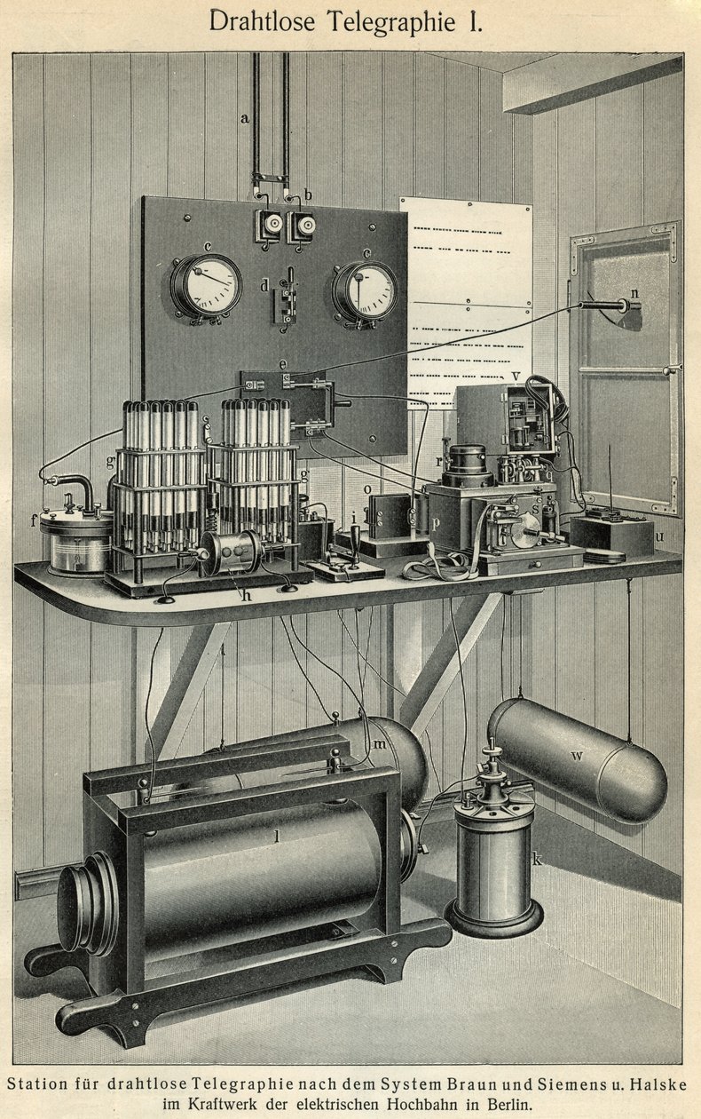 Telekommunikationens framsteg: vetenskaps- och teknikstyrelsen som representerar en gammal telegrafstation. Illustration hämtad från "" Meyers Grosses Konversations - Lexikon""" 1904. Bibliographers Institut, Leipzig och Wien av Ferdinand Georg Waldmuller