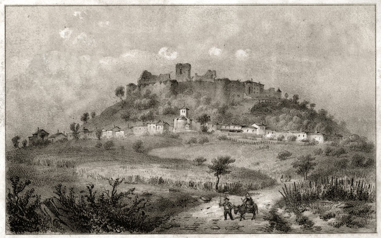 Ruinerna av slottet Preny, Lorraine. ca. 1860 (gravyr) av . .