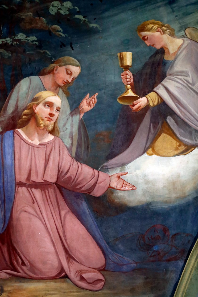 Rumilly kyrka. Väggmålning. Jesus ber i Getsemane trädgård efter den sista måltiden. Frankrike. av . .