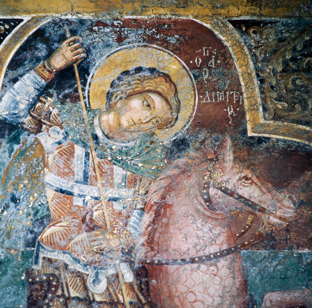 Helgon till häst, fresk i kyrkan i Thari-klostret, Rhodos, Grekland av Georg Carl Heinrich Dollmann