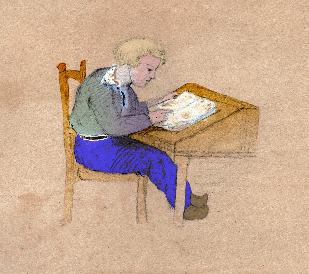 Skolpojke på jobbet på sitt skrivbord. cirka 1830 (illustration) av . .