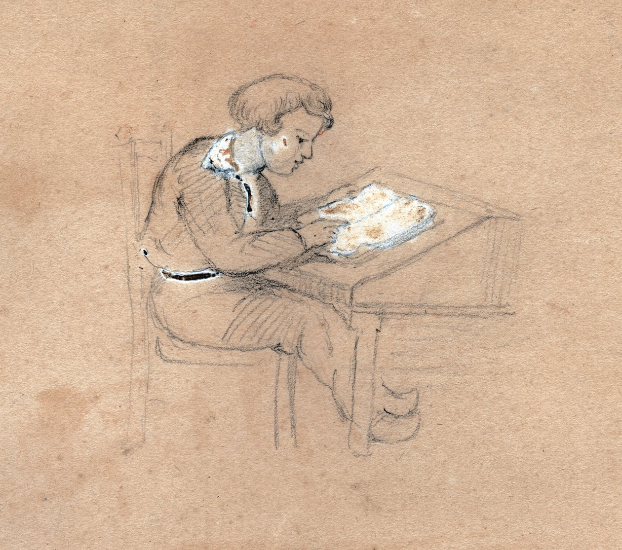 Skolpojke på jobbet på sitt skrivbord. cirka 1830 (illustration) av . .