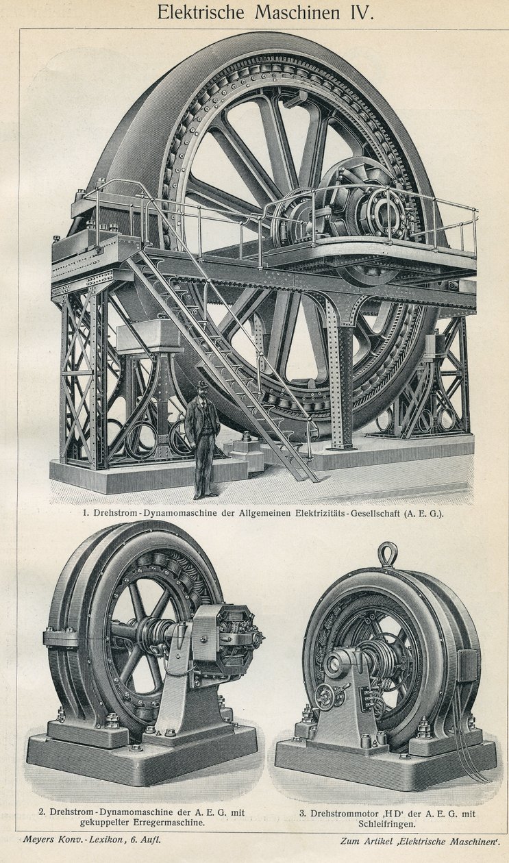 Vetenskaps- och tekniktavla som representerar industriella elektriska maskiner med trefasström. Illustration hämtad från "" Meyers Grosses Konversations - Lexikon""" 1904. Bibliographers Institut, Leipzig och Wien av Ferdinand Georg Waldmuller