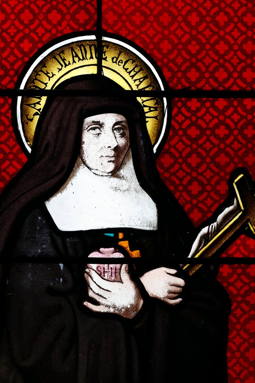 Fönster i målat glas. Saint Jane Frances de Chantal är ett romersk-katolskt helgon, som saligförklarades 1751. Hon grundade den religiösa Order of the Visitation of Holy Mary. Thorens. Frankrike. av . .