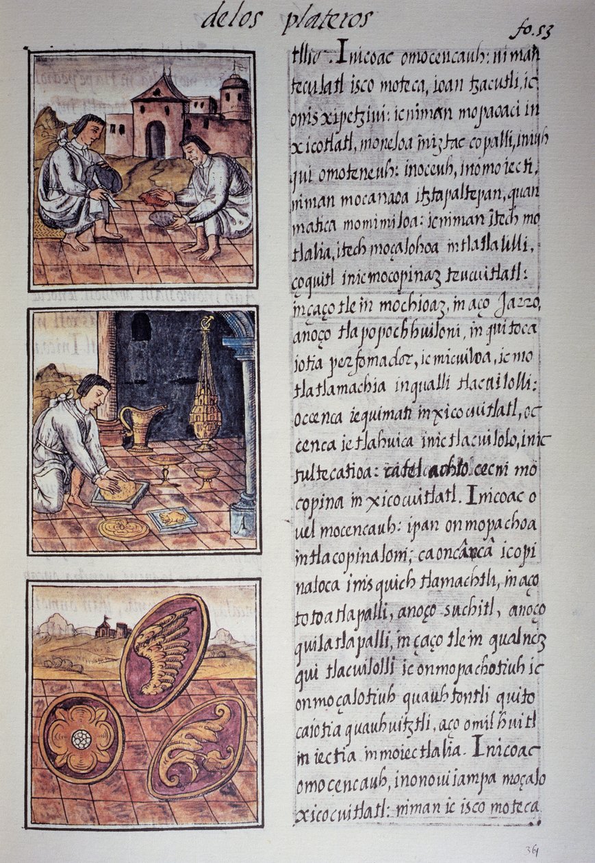Tillverkning av bordsservis och sköld, sida från den florentinska Codex, tvåspråkig version på spanska och Nahuatl, General History of the Things of New Spain, av den spanska missionären Fray Bernardino de Sahagun. Aztekisk civilisation av Georg Carl Heinrich Dollmann
