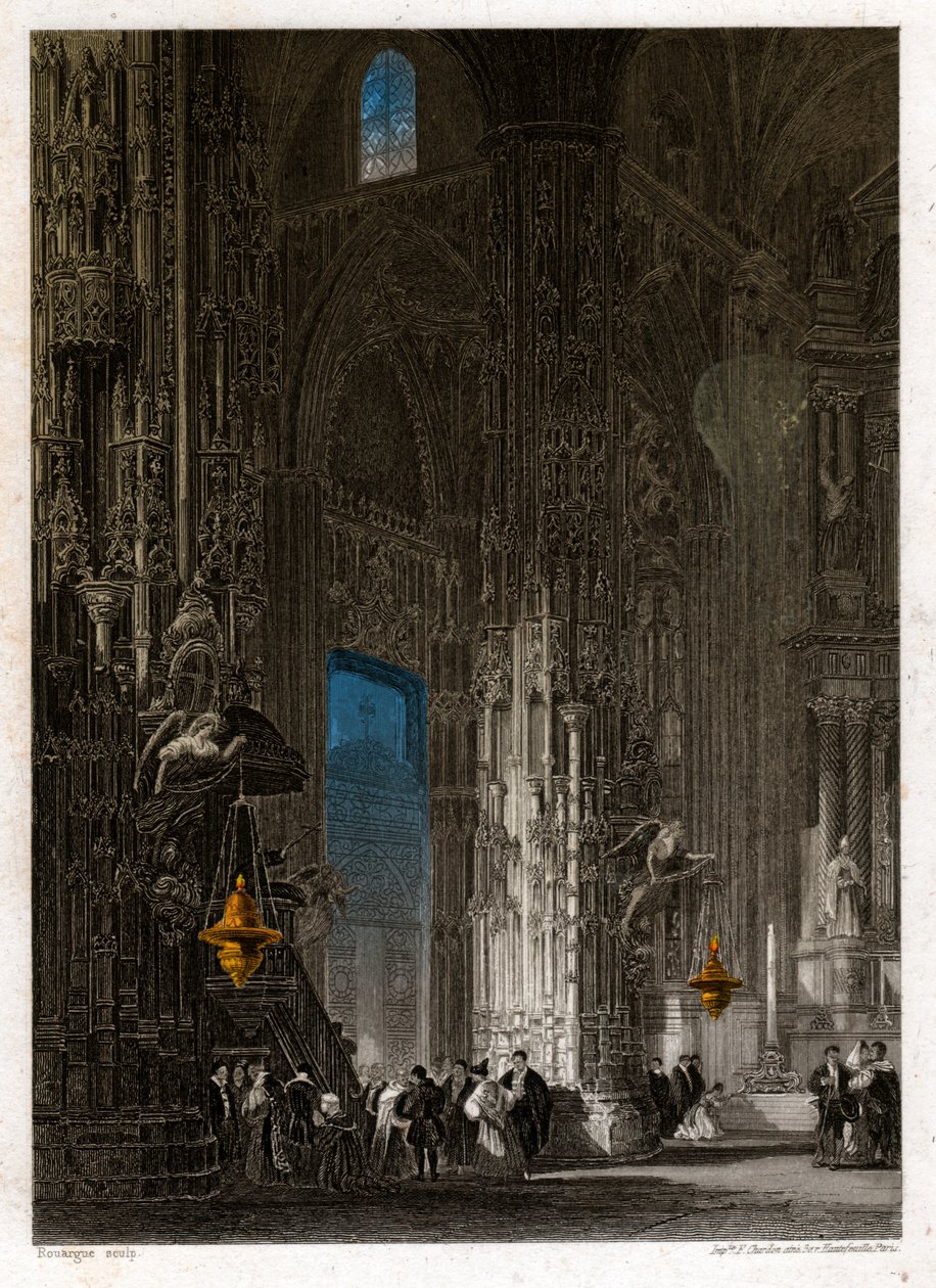 Sankt Frälsarens katedral i Jerez de la Frontera (Xeres). cirka 1840 (gravyr) av . .