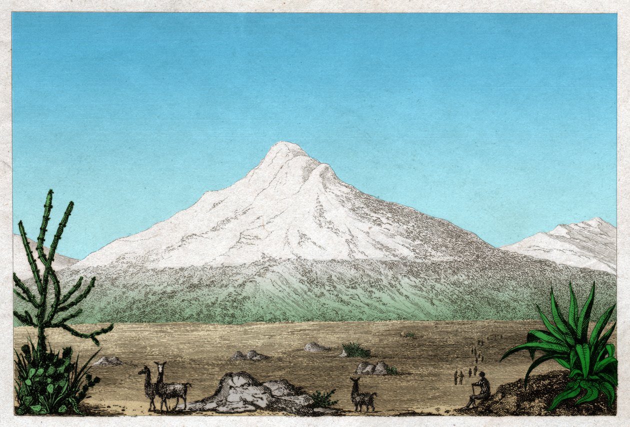 Chimborazo-vulkanen från platån Tapia, Ecuador. cirka 1840 (gravyr) av . .