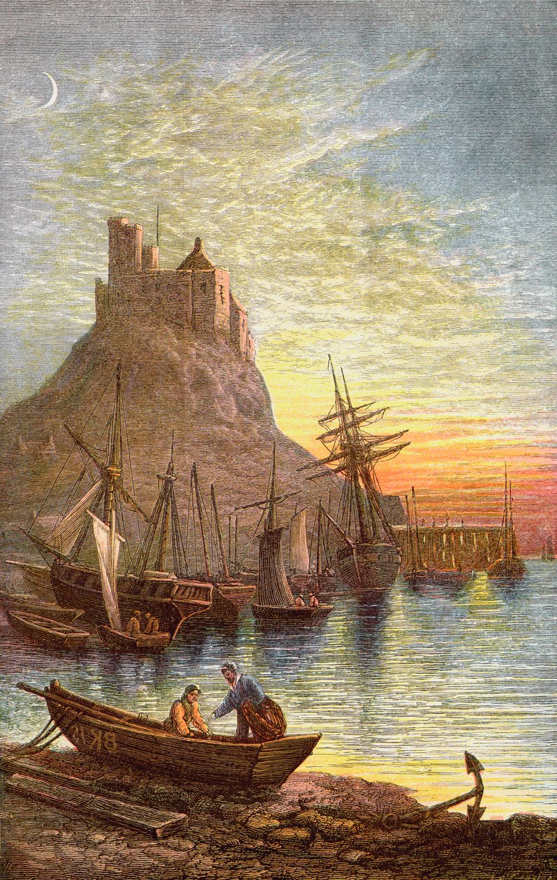 Den heliga ön Lindisfarne som visar slottet. av . .