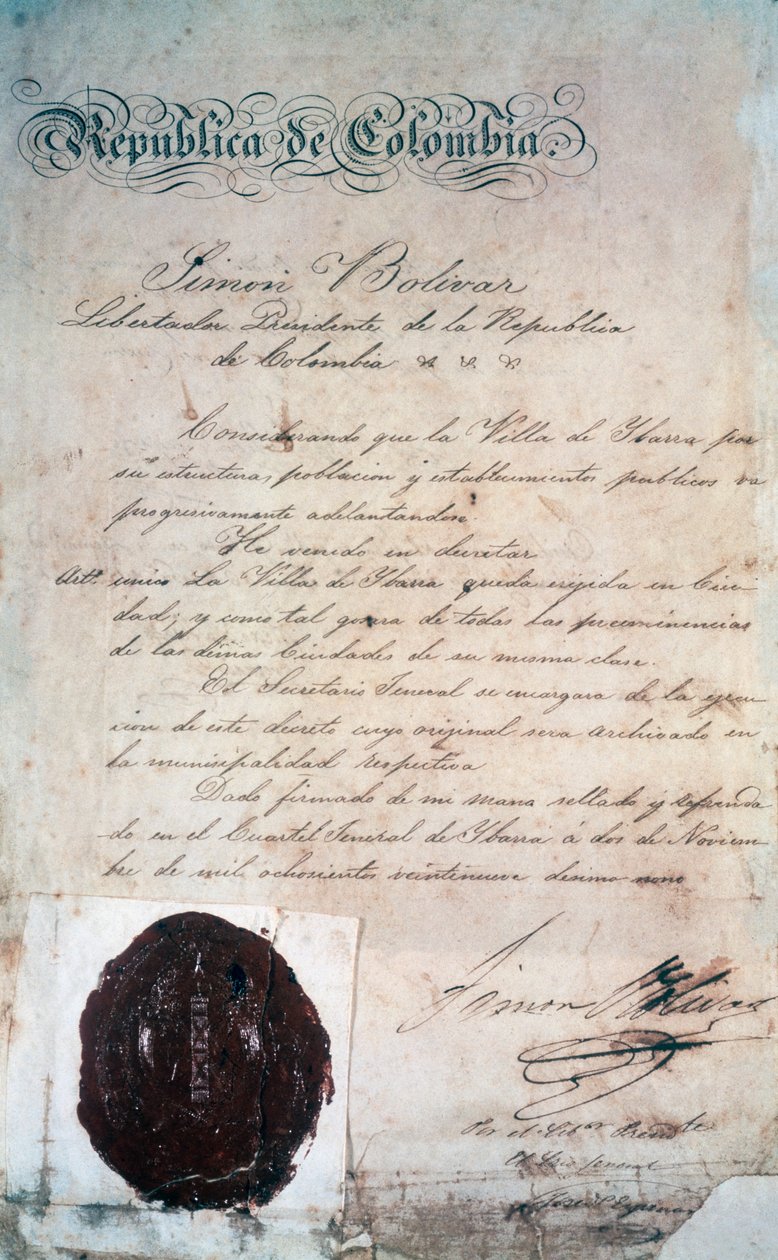 Den handling genom vilken Simon Bolivar förklarade staden San Miguel de Ibarra, huvudstad i den omgivande provinsen, vid den tiden som en del av Stor-Colombia (idag Ecuador), den 2 november av Georg Carl Heinrich Dollmann