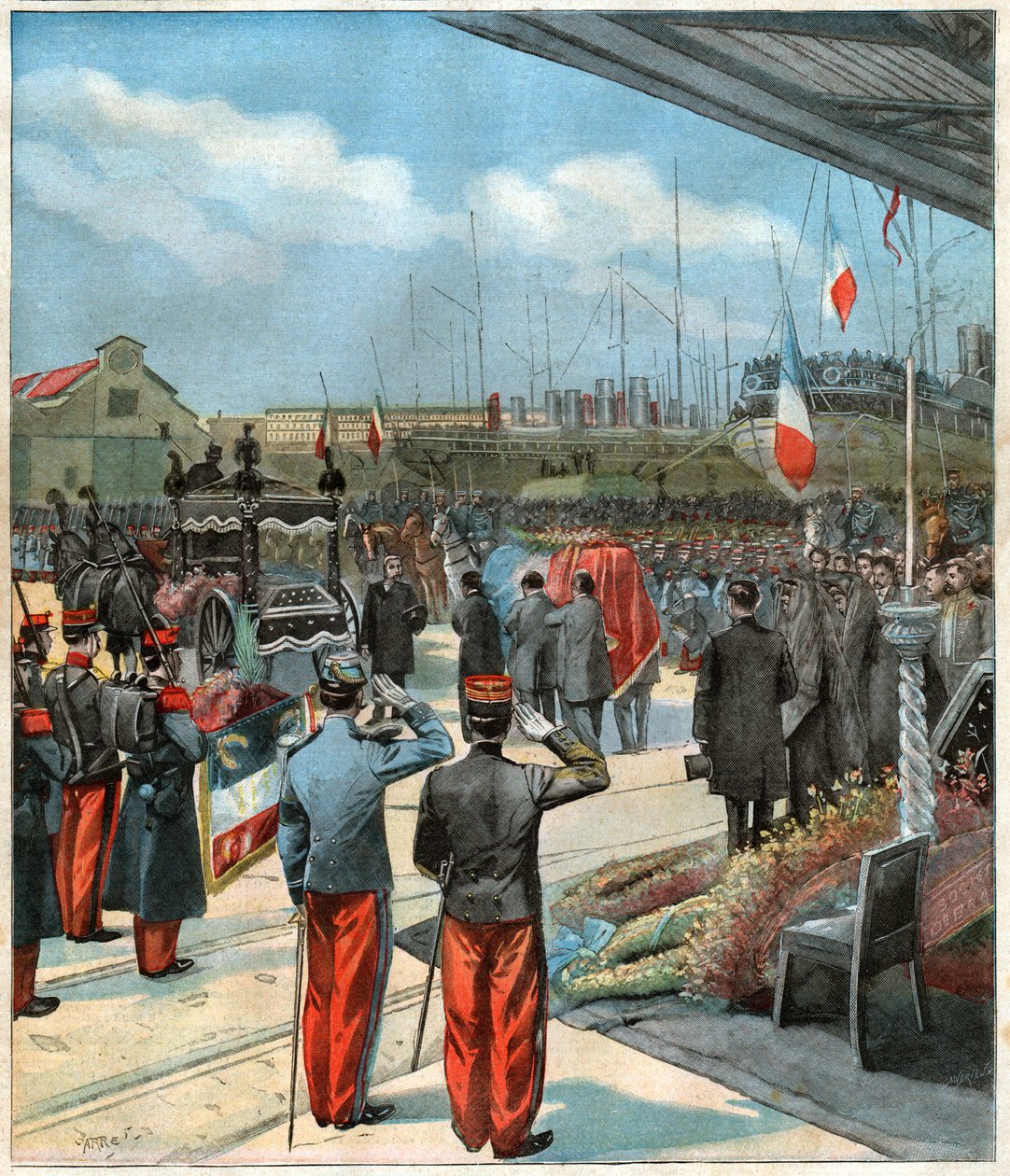 Kroppen av den franske utforskaren Pierre Savorgnan de Brazza hämtade från Dakar (Senegal) till Paris (illustration) av John Pardon
