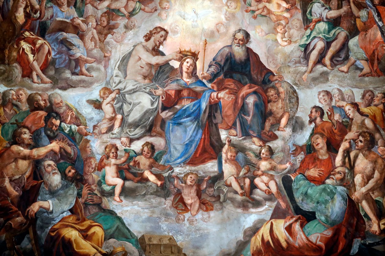 Jungfruns kröning. Fresk. San Donato kyrka. Genua. Italien. av . .