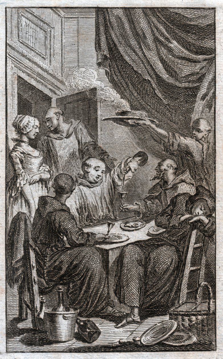 Festen för munkar som bryter mot klosterreglerna. De dricker vin, uppvaktar pigor. 1700-tal (gravyr) av . .