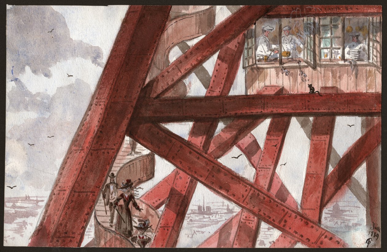 Turister på trappan till Eiffeltornet, Paris. Kockar lagar mat i restaurangen på första våningen. 1889 (illustration) av . .
