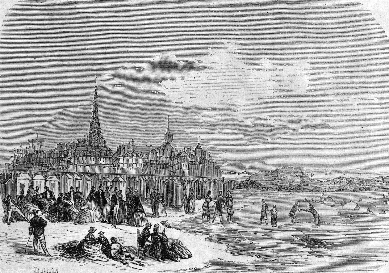 Vy över badgästerna på stranden i Saint Malo av . .