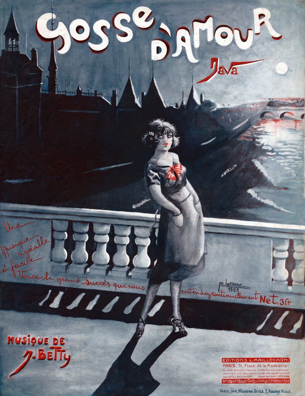 Kvinna på Pont au Change i Paris, bakom henne Seine och Conciergerie. 1921 (illustration) av . .