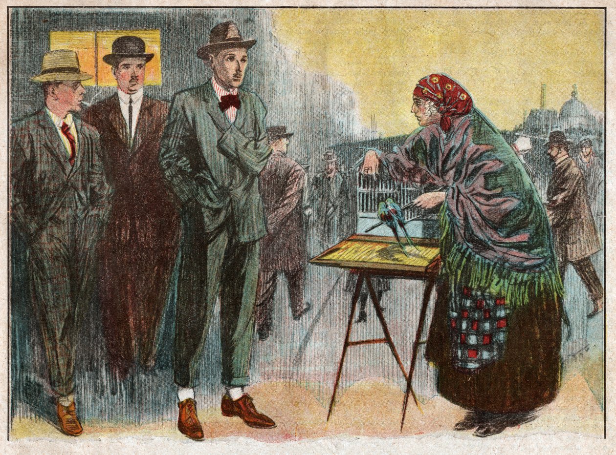 Kvinna som utövar spådom med hjälp av fåglar. 1926 (illustration) av . .