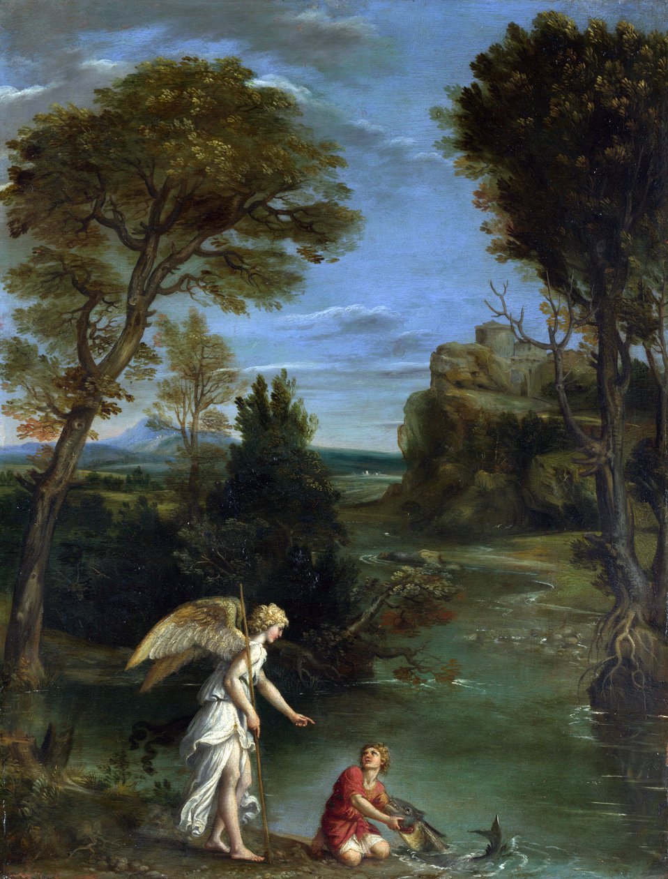 Landskap med Tobias som tar tag i fisken av Domenichino