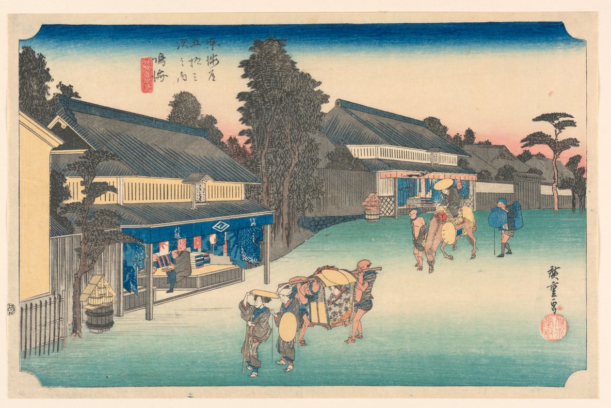 Narumi, en plats som är känd för sin duk, i de femtiotre stationerna på Tokaido Road av Hiroshige