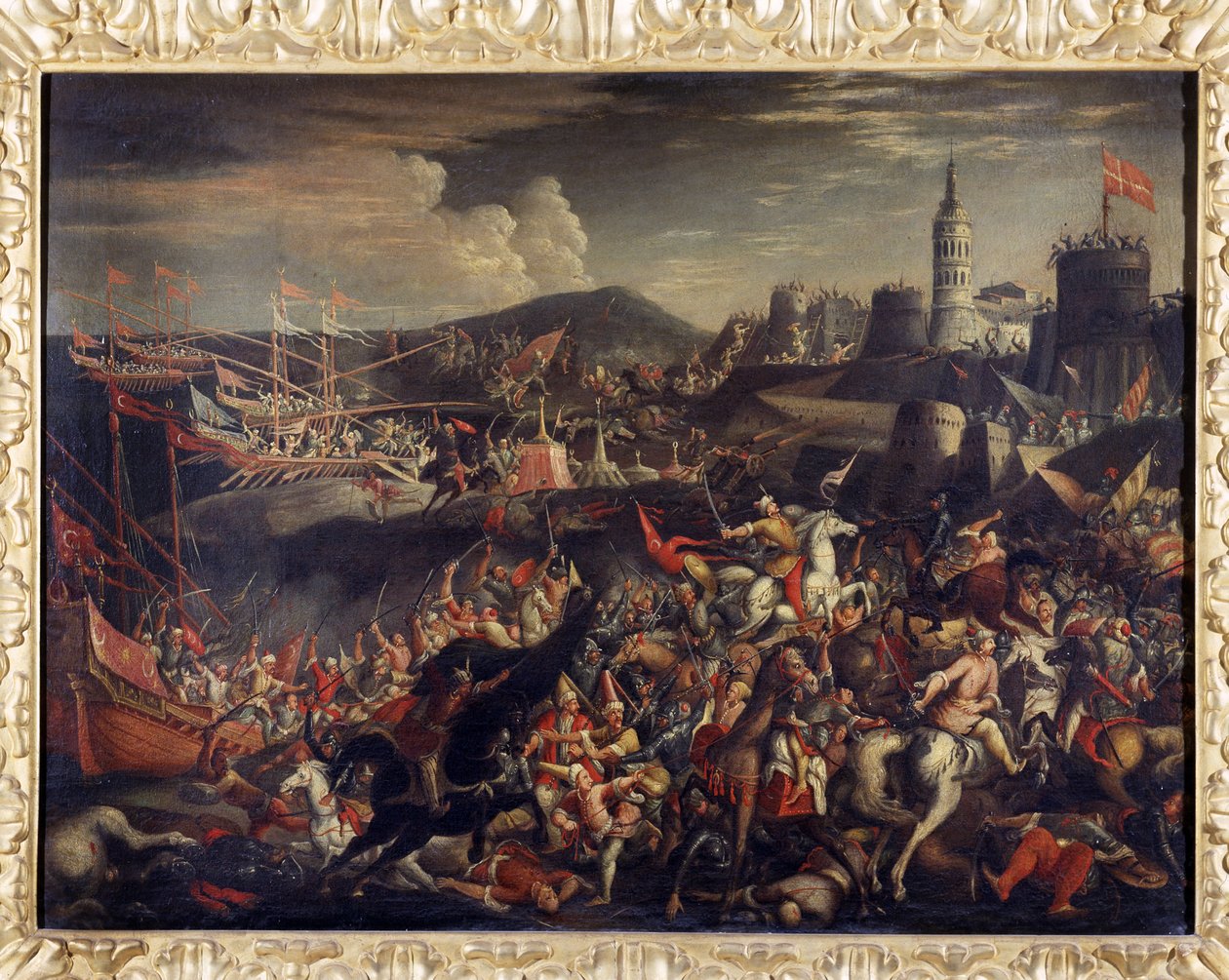 Attack av saracenerna på ön Malta, försvarad av riddarnas sjukhuslärare 1565 av Italian School